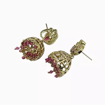 Gold-Plated CZ Jhumka Earrings with PInk Bead Droplets