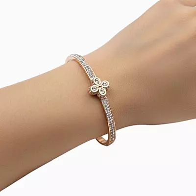Elegant Rose Gold Flower & Crystal Bangle Bracelet