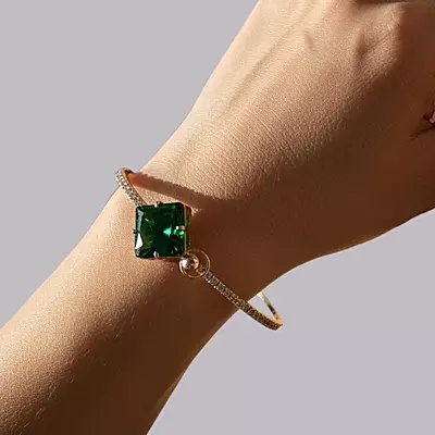 Green Square Stone & Diamond Studded Gold-Toned Bangle Bracelet | Adjustable Fashion Jewelry