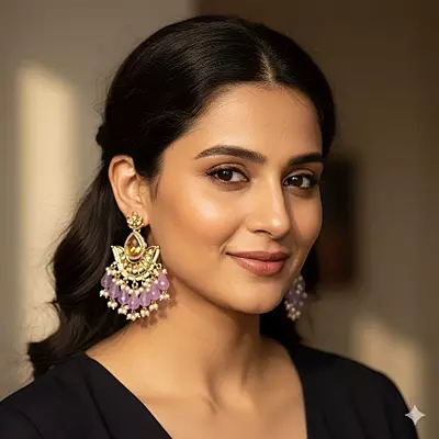 Ethnic Kundan & Bead Chandelier Earrings | Lavender Drops | Traditional Jhumka Style