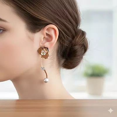 Elegant Rose Gold Flower Drop Earrings with Crystal & Gray Pearl