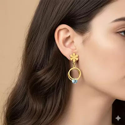 Modern Gold Stainless Steel Anti Tarnish Flower Dangle Earrings with Sparkling Gem