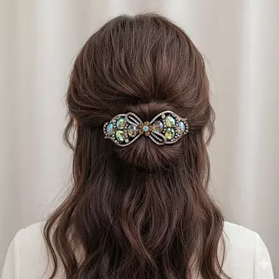 Amber & Teal Crystal Bow Hair Barrette - Elegant Gemstone Hair Clip