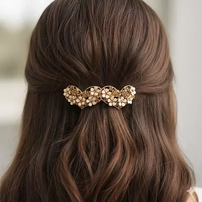 Double Heart Floral Rhinestone Hair Barrette Clip