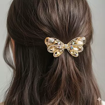 Gold Amber Crystal Butterfly Hair Barrette Clip