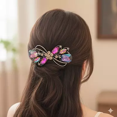 Elegant Pink Crystal Barrette - Gunmetal Butterfly Hair Clip