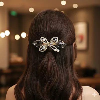Elegant Dragonfly Barrette: Smoky Crystal & Black Gemstone Hair Clip