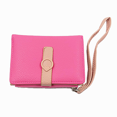 Slim Bi-fold Wristlet Pink Wallet with Zipper & Card Holder