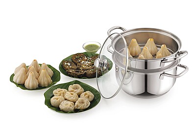 Sonu Stainless Steel Triply Base Steamer with Glass lid| Momo Maker| Vegitable Steamer
