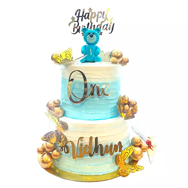 2 Tier Blue And White Teddy Theme