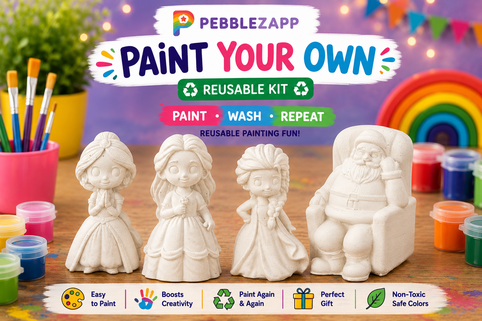 Reusable 3 Princess + 1 Santa Claus Reusable Statue DIY Painting Kit