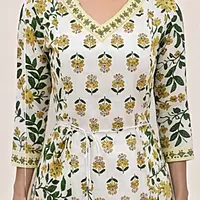 Cotton Salwar Suit Set, Floral Print, Yellow and Green, V-Neck Kurta with Dupatta