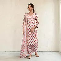 Cotton Salwar Suit Set with Floral Print and Dupatta | 3-Piece Set, Patiyala Style