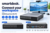 SmartDesk Power N5095 Mini PC front and rear ports — HDMI, VGA, USB 3.0, LAN, audio
