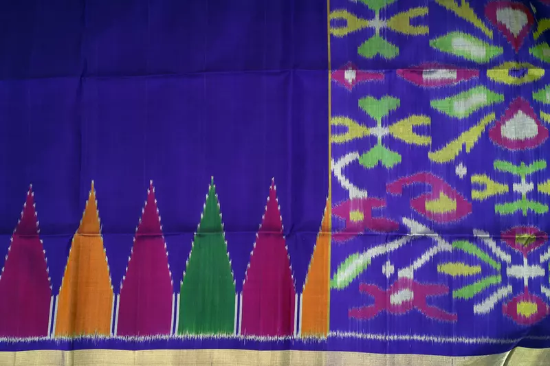 Purple Silk Saree with Multicolor Ikat Border and ikat blouse | Handwoven Ikat Silk Saree