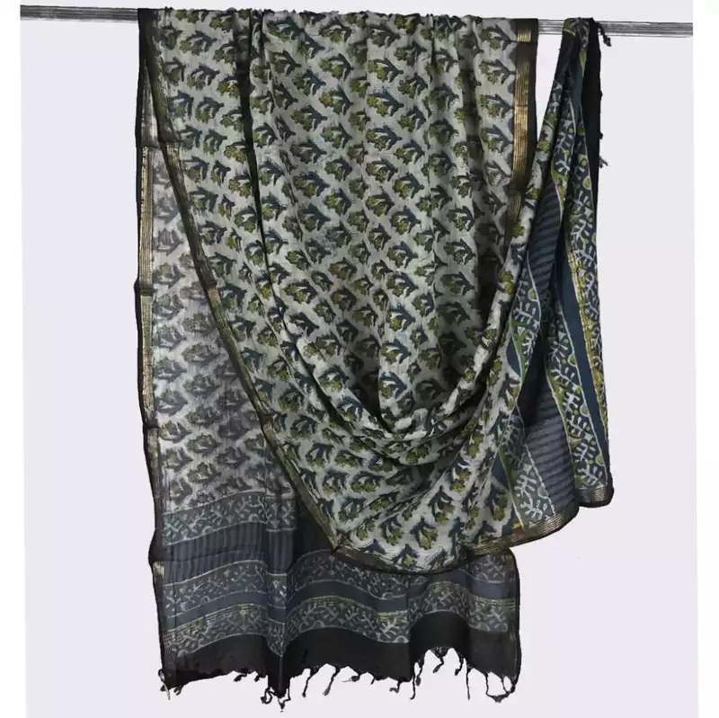 Cotton Block Print Dupatta Zari Border #2