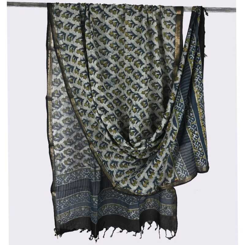 Cotton Block Print Dupatta Zari Border #2