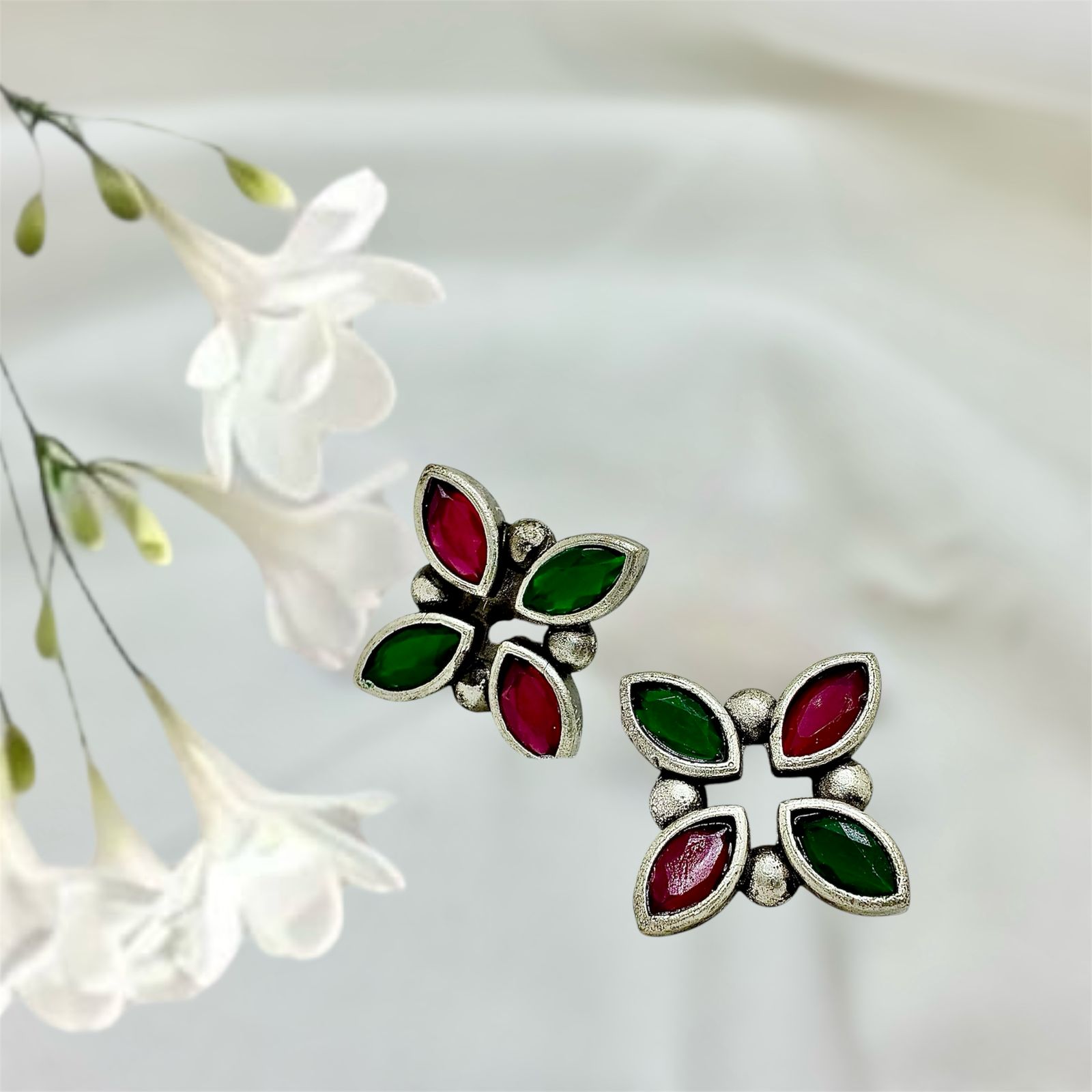Silver plated Brass Earrings (Green/Crimson) #2