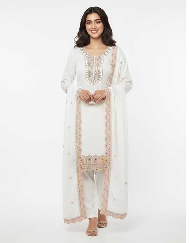 Embroidered Kurti with Pant & Embroidered Dupatta 3/4 SleeveSet Round Neck Stylish Comfortable Ethnic Wear Salwar Suits for Women