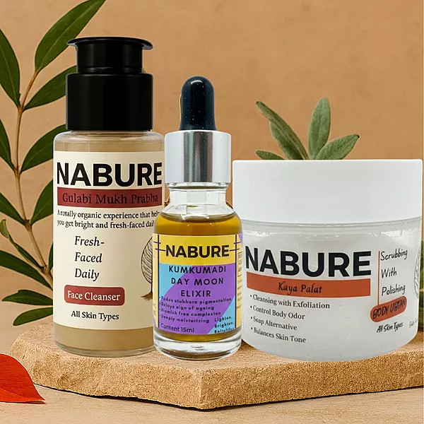 NABURE Natural Glow Combo – Face Cleanser, Body Ubtan & Kumkumadi Elixir