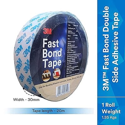 3M Fastbond Double Sided Adhesive Tape for Metals, Plastic, Glass, Wood, Water Resistant, Provides Excellent Adhesion (30mm X 20m, 1 Roll)