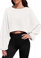 Womens Cotton Long Ballon Sleeve Tank Tops | Cropped Crew Neck Loose Fit Casual Workout Shirts | Boxy Fit Full Sleeve Crop Top for Girls/Teens