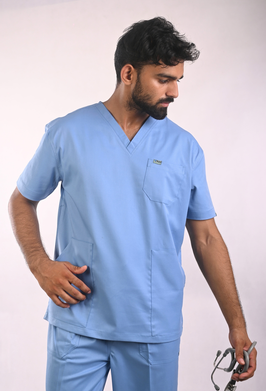 Ksvi Antibacterial Male V-Neck Scrub Shirt Pant (Ceil Blue )