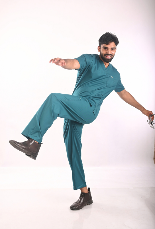 Ksvi Antibacterial Male V-Neck 2 Way Strech Scrub Shirt Pant (Emrald Green) 