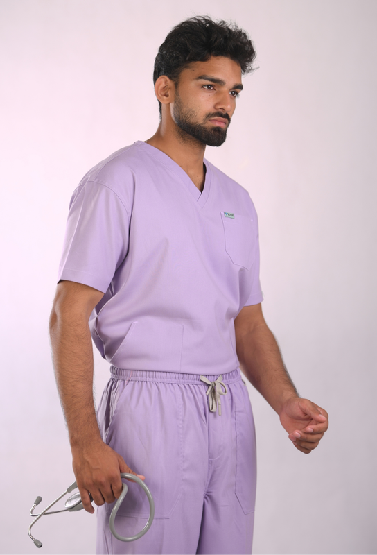 Ksvi Antibacterial Male V-Neck 2 Way Strech Scrub Shirt Pant (Pastel Licac)