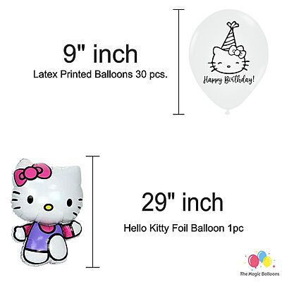 The Magic Balloons Hello Kitty Birthday Party Decoration combo kits –Hello Kitty Birthday Combo Pack of 38 Pcs, foil 5 pcs Set,1 Happy Birthday banner, 2 Foil Curtains,30 Printed Balloons-181454
