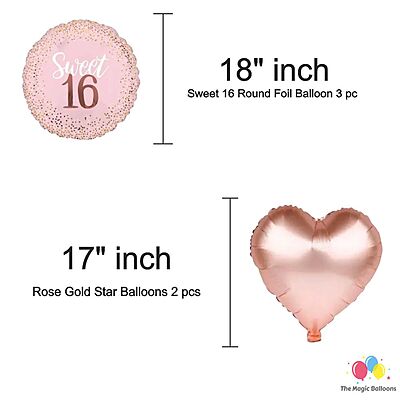The Magic Balloons-Sweet 16 Balloons combo with printed balloons 30 Sweet 16 printed balloons 5 foils set 16 rose gold foil 2 curtain 1 banner Birthday Decoration/Party Supplies-Pack of 39 pcs