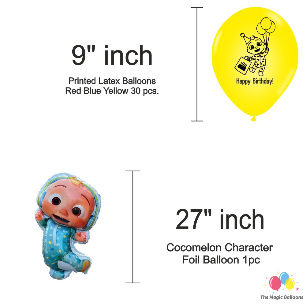 The Magic Balloons Store – Printed Cocomelon Birthday Party Decoration combo kits – Cocomelon Birthday Combo Pack of 38 Pcs, foil 5 pcs Set,1 Happy Birthday banner, 2 Foil Curtains,30 Balloons-181547