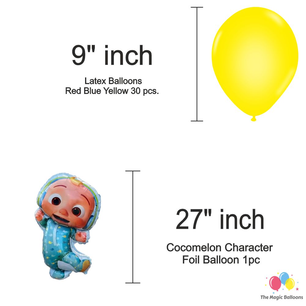 The Magic Balloons Store – Cocomelon Birthday Party Decoration combo kits – Cocomelon Birthday Combo Pack of 38 Pcs, foil 5 pcs Set,1 Happy Birthday banner, 2 Foil Curtains,30 Balloons-181548