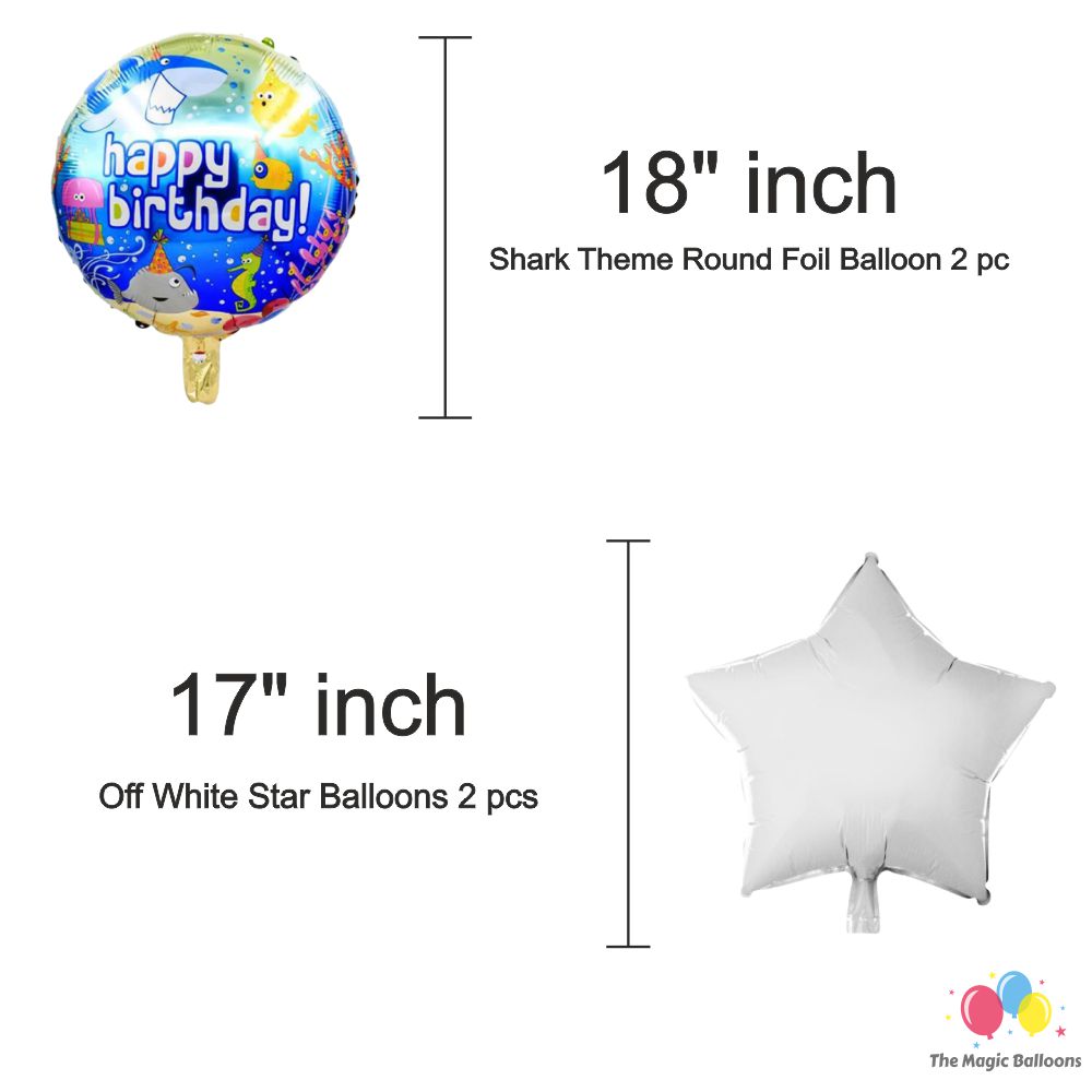The Magic Balloons Store – Shark Theme Birthday Party Decoration combo kits – Shark Theme Birthday Combo Pack of 38 Pcs, foil 5 pcs Set,1 Happy Birthday banner, 2 Foil Curtains, 30 Balloons-181552