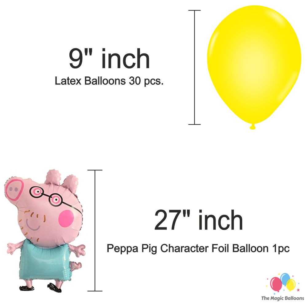 The Magic Balloons- Peppa Pig Birthday Party Decoration combo kit Peppa Pig Foil Balloons Set of 5 pcs,1 Happy Birthday banner, 2 Silver Foil Curtains, 30 Peppa theme color Balloons Pack of 38 pcs