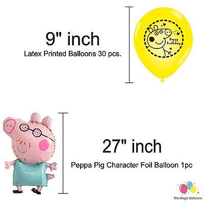 The Magic Balloons- Peppa Pig Birthday Party Decoration combo kit Pack of 38 pcs Peppa Pig Foil Balloons Set of 5 pcs,1 Happy Birthday banner, 2 Silver Foil Curtains, 30 Peppa theme printed Balloons