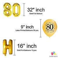 The Magic Balloons- Happy 80th Birthday decoration kit combo 48 pcs Black Golden & silver 30 pcs rubber balloons, Happy Birthday foil banner with 80 Number foil, 2pcs Golden foil Curtain & air-pump