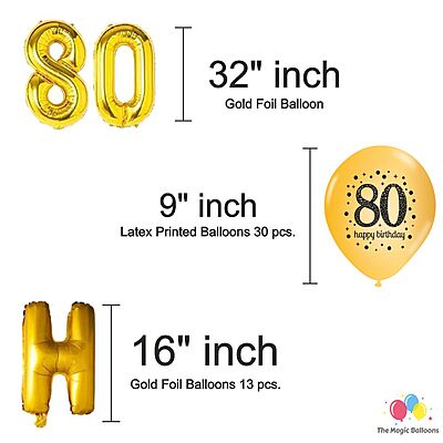 The Magic Balloons- Happy 80th Birthday decoration kit combo 48 pcs Black Golden & silver 30 pcs rubber balloons, Happy Birthday foil banner with 80 Number foil, 2pcs Golden foil Curtain & air-pump