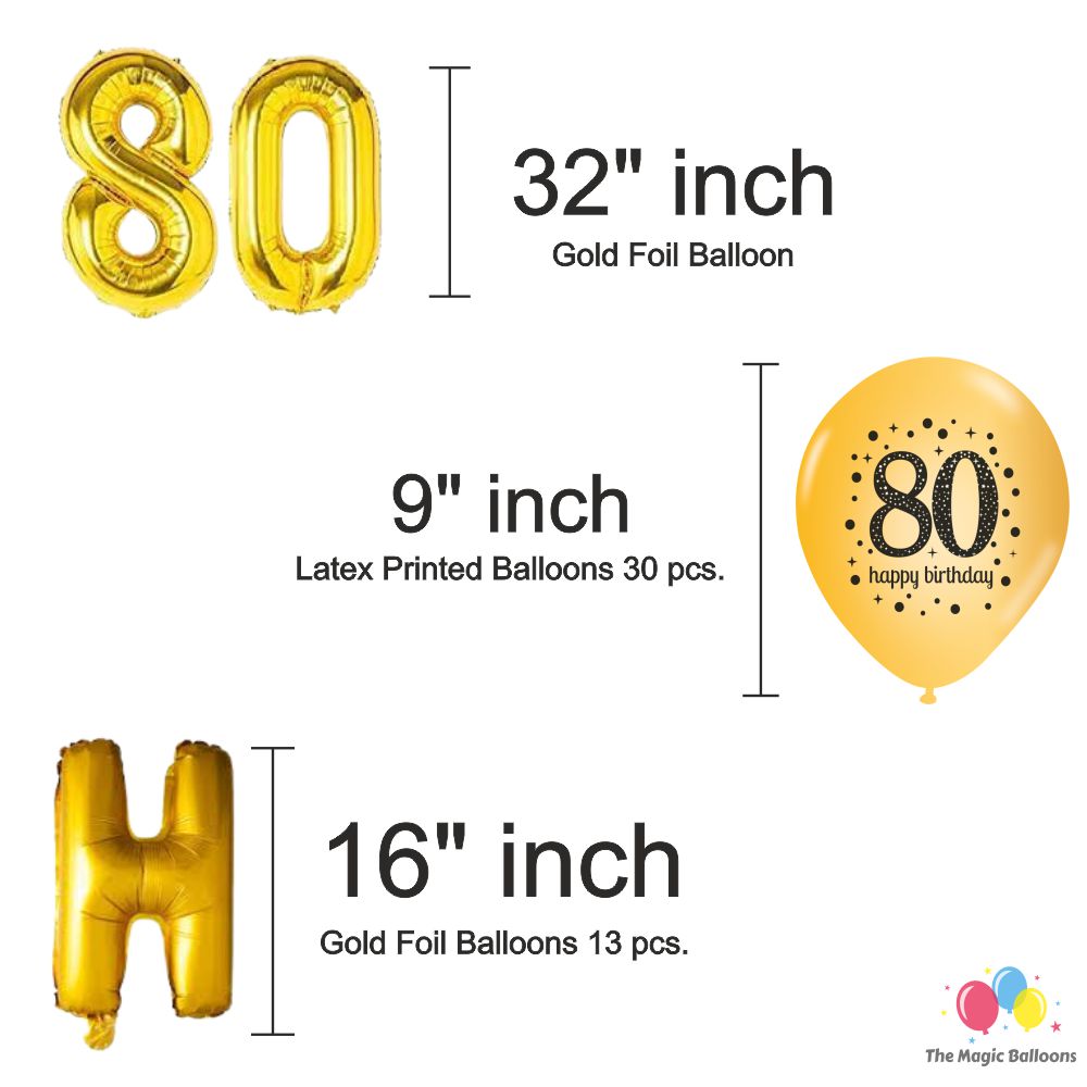 The Magic Balloons- Happy 80th Birthday decoration kit combo- 46 pcs Black Gold & silver 30 pcs rubber balloons, Happy Birthday foil banner, 2pcs Golden foil Curtain & balloon-pump