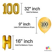 The Magic Balloons- Happy 100th Birthday decoration kit combo 49 pcs Black Golden & silver 30 pcs rubber balloons, Happy Birthday foil banner with 100 Number foil, 2pcs Golden foil Curtain & air-pump