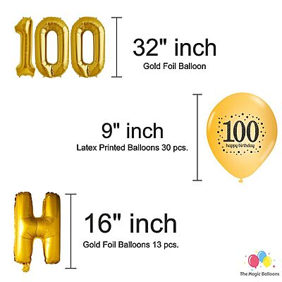The Magic Balloons- Happy 100th Birthday decoration kit combo 49 pcs Black Golden & silver 30 pcs rubber balloons, Happy Birthday foil banner with 100 Number foil, 2pcs Golden foil Curtain & air-pump