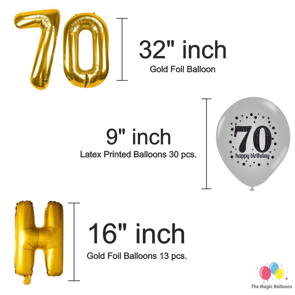 The Magic Balloons- Happy 70th Birthday decoration kit combo- 48 pcs Black Golden & silver 30 pcs rubber/latex balloons, Birthday Foil banner with 30 Number foil, 2pcs Golden foil Curtain & air-pump