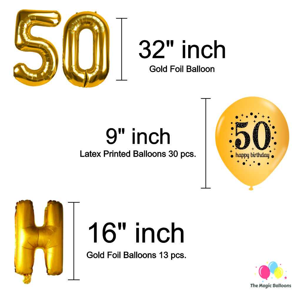 The Magic Balloons -Happy 50th Birthday Balloons, Happy Birthday Banner Black, Golden Curtain, Magic Candle & Party popper