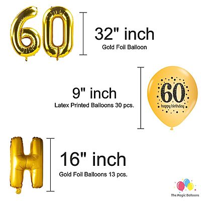 The Magic Balloons -Happy 60th Birthday Balloons, Happy Birthday Banner Black, Golden Curtain, Magic Candle & Balloon pump