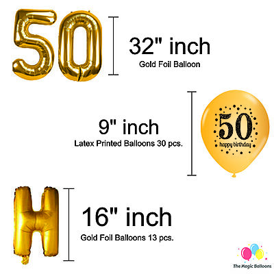 The Magic Balloons -Happy 50th Birthday Balloons, Happy Birthday Banner Black, Golden Curtain, Magic Candle & Balloon pump