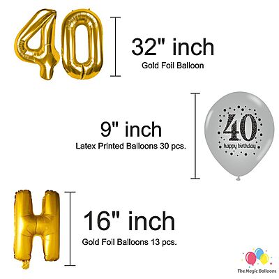 The Magic Balloons -Happy 40th Birthday Balloons, Happy Birthday Banner Black, Golden Curtain, Magic Candle & Balloon pump