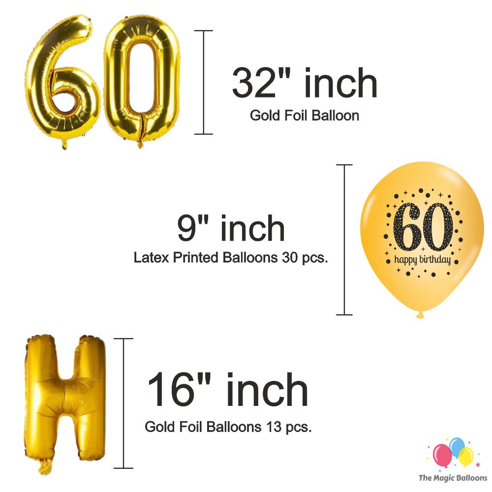The Magic Balloons -Happy 60th Birthday Balloons, Happy Birthday Banner Black, Golden Curtain, Magic Candle & Party popper