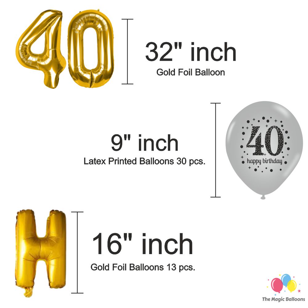 The Magic Balloons -Happy 40th Birthday Balloons, Happy Birthday Banner Black, Golden Curtain, Magic Candle & Party popper
