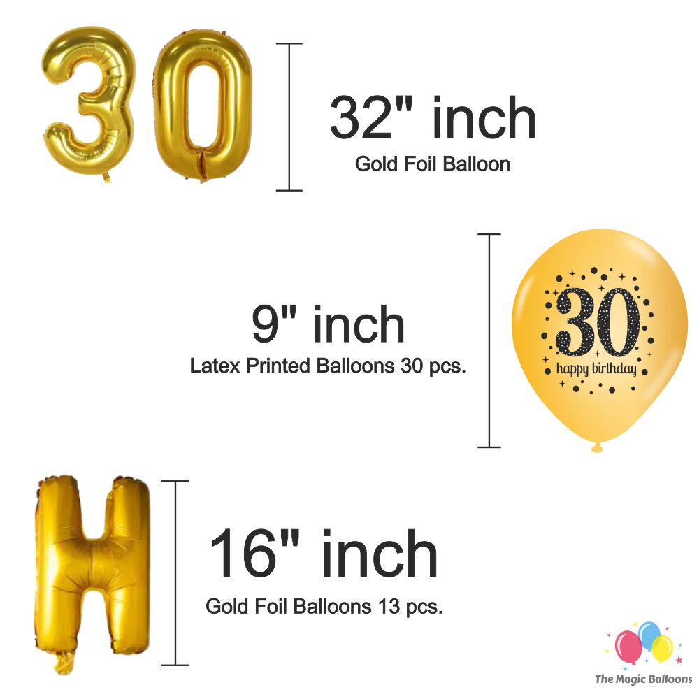 The Magic Balloons -Happy 30th Birthday Balloons -30 pcs, Happy Birthday Banner Black-1, Golden Curtain