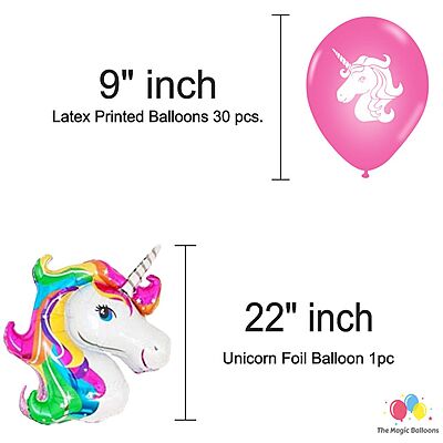 The Magic Balloons- Printed Unicorn Theme Party Decoration Combo Kit for Theme Party, Happy Birthday Decoration Combo 38 pcs, Foil 5 pcs set, 2 Foil Curtain 1 Banner and 30 Balloons- 181573